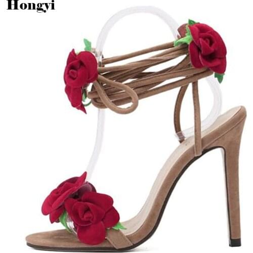Red flowers sandals women super high heel shoes ankle strap Lace Up Beatuiful party shoes woman