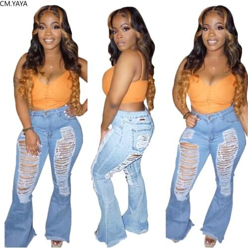 CM.YAYA Hollow Out Denim Pants Women Retro Solid Sexy Hole Jeans Ripped Flare Trousers Street Skinny High Waist Lady Pant