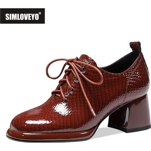 SIMLOVEYO New 2021 Ladies Pumps Round Toe 6cm Block Heels Genuine Leather Platform Lace-Up Classic British Concise Summer B2324