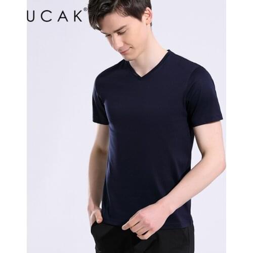 UCAK Brand Classic Solid Color V-Neck Silk T Shirt Men Clothes Summer NEW Arrivals Streetwear Casual Tshirt Male Homme U5625