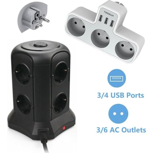 TESSAN EU KR Plug Power Strip Tower with 6 Outlet Extender and 4 USB Sockets 2M Extension Cord Desktop Adaptor for Home Office