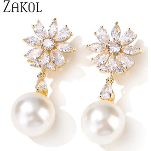ZAKOL New Elegant Flowers Water Droplets Drop Earring Charm Wedding Party Pearl Earrings for Bride and Bridesmaid EP2840