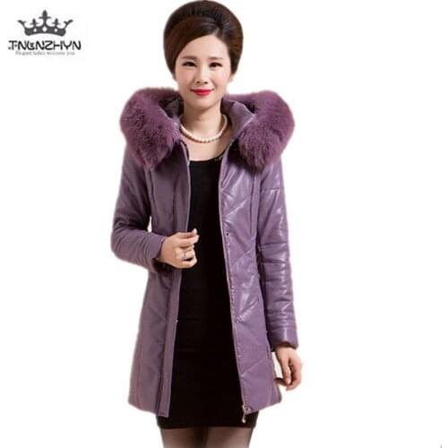 Middle age Leather Down Jacket 2019 Plus size Women Winter High imitation fox fur collar Warm Cotton jacket Hooded Coats Parkas