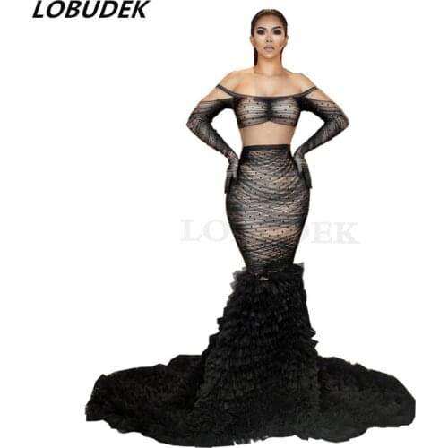 Lady Birthday Prom Model Catwalk Tail Mermaid Dresses Black Rhinestones Floor Length Long Dress Bar Concert Singer Stage Costume