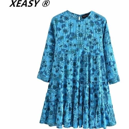 Klacwaya Women Vintage Totem Floral Print Casual Kimono Mini Dress Female Sweet Three Quarter Sleeve Pleats Vestido Dresses