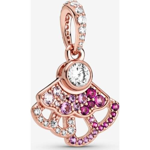 100% 925 Sterling Silver Rose Gold Pink Fan Dangle Charm Crystal Beads for Jewelry Making Fits Original Charms Bracelet bijoux
