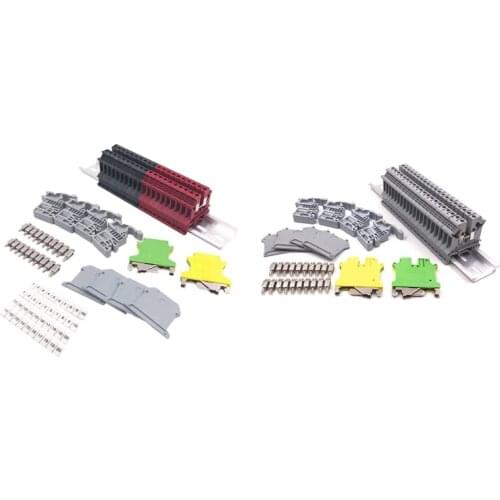 2 Set DIN Rail Terminal Blocks Kit Terminal+Ground Blocks+Aluminum Rail+End Brackets+End Covers+Jumpers Kits