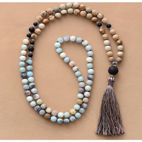 8mm Amazonium Picture stone 108 Beads Gemstone Mala Necklace spirituality Lucky Buddhism cuff energy fengshui Wrist Unisex pray