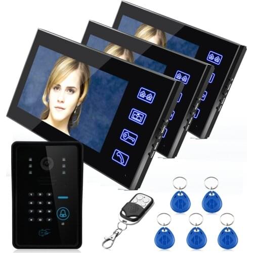 Free Shipping!Ennio Touch Key 7" Color RFID Video Door Phone Doorbell Video Intercom System 5 ID Card Video Intercom 3 Monitor