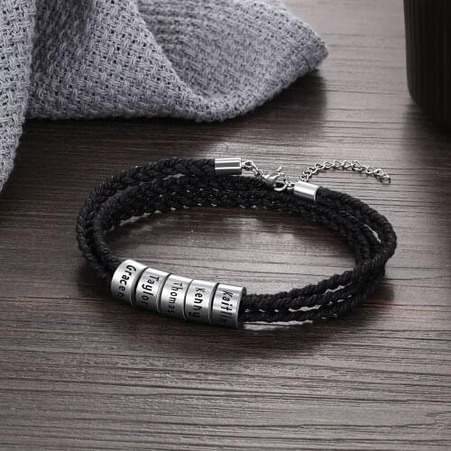 Personalized Custom Name Bracelet for Men Stainless Steel Engraved 5 Beads Braided Rope Bracelets & Bangles Adjustable Wristband
