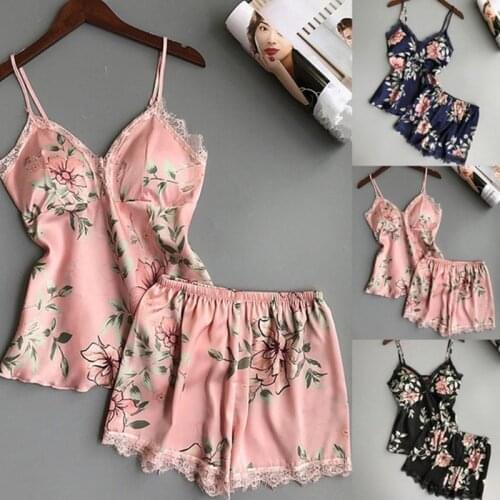 Women Sleepwear Set Flower Print Satin Sleeveless Strap Nightwear Lace Pyjama Sets Sling Sexy Summer Nightwear With Chest Pad