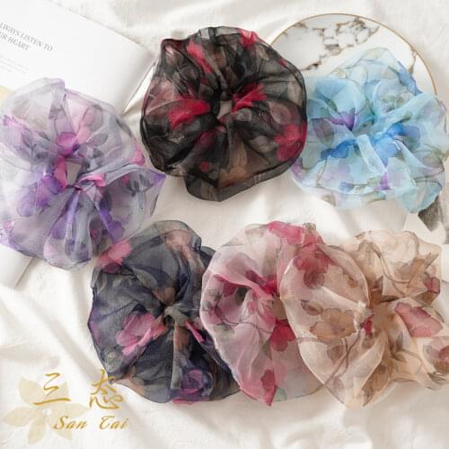 Korean Oversized Flower Chiffon Hair Scrunchies Floral Organza Hair Ring Rope Elastic Ponytail Hair Bands Women Girls Hair Ties