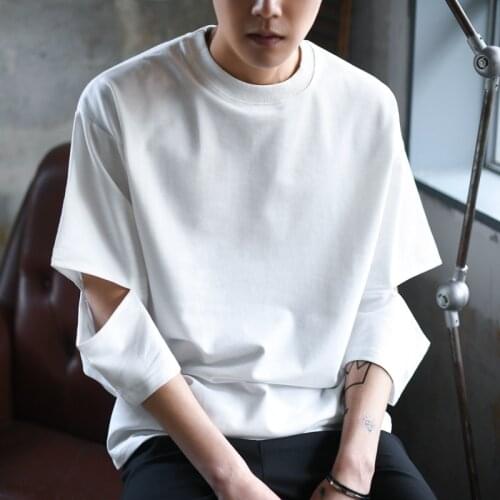 Summer Ripped T Shirt Mens Fashion Solid Color Casual Cotton T-shirt Men Streetwear Loose Korean Short Sleeve Tshirt Mens Tops