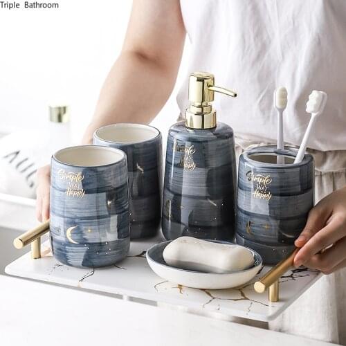 Five Piece Set Creative Starry Sky Ceramic Gargle Cup Toothbrush Holder Soap Dish Liquid Soap Dispenser Bathroom Accessories Set