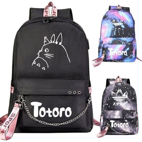 New Cute Boys Girls Kids School Bag Cartoon Totoro Prints Women USB Chain Backpack Canvas Men Bagpack Packsack Bookbag