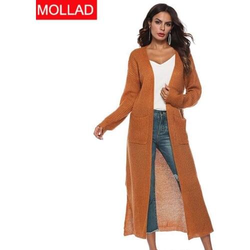 Autumn Women Long Sleeve Split knitted Long cardigan Large pocket Outwear Sweater Coat