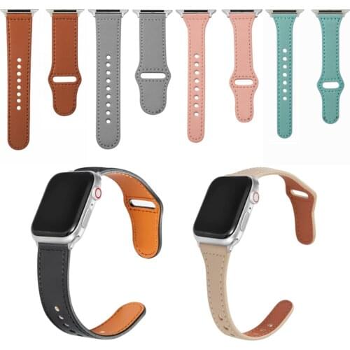 Couple Wide Thin Leather Watchband for Apple Watch 44mm 40mm 42mm 38mm Sport Replace Black Leather Strap for IWatch SE 2 3 4 5 6