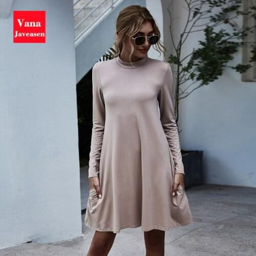 Simple Long-sleeved A-line Dress Solid Streetwear Vestidos Female Office Ladies Dress Pocket Design Slim Dress Women Autumn