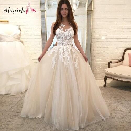 Luxury Illusion Wedding Dress Appliques Scoop Sleeveless Bride Dress Simple Tulle Vestido de noiva Plus Size 2020