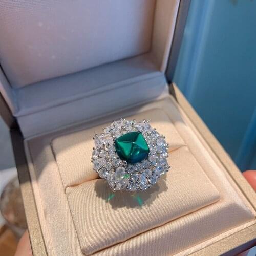 Luxury 100% 925 Sterling Silver Rings 10*10 MM Sapphire Emerald Created Moissanite Gemstone Cocktail Ring Ladies Fine Jewelry