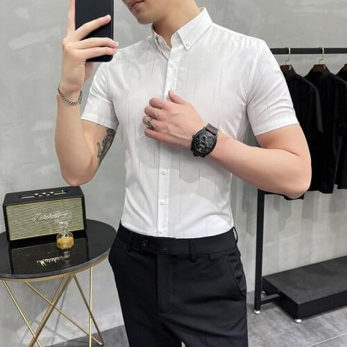 High Quality Summer Short Sleeve Dotted Stripes Shirts For Men Clothing 2021 Simple Slim Fit Casual Business Formal Wear Dress