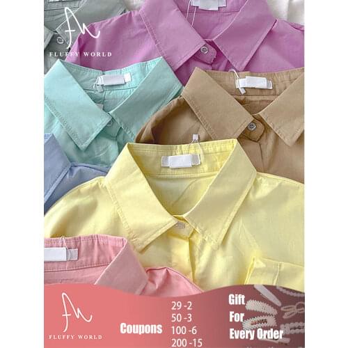 Spring Summer Women Candy Colors Shirts Long Sleeve Basic Tops and Blouses Button Up Down Loose Turn-down Collar Solid Shirts