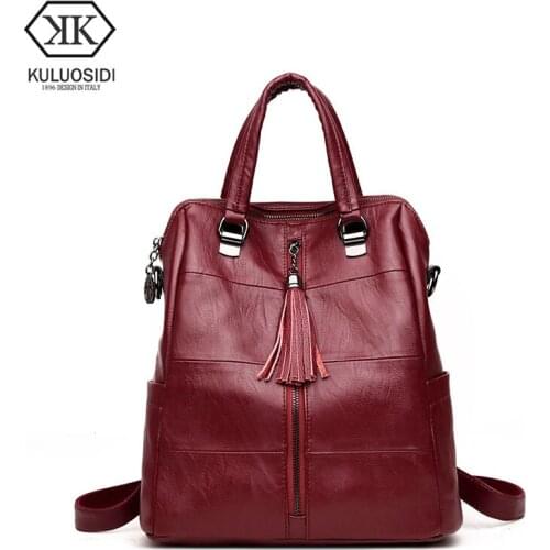KULUOSIDI Casual Patchwork Female Backpacks For Teenage Girls High Quality Pu Leather Backpack Women With Tassel Mochila Bagpack
