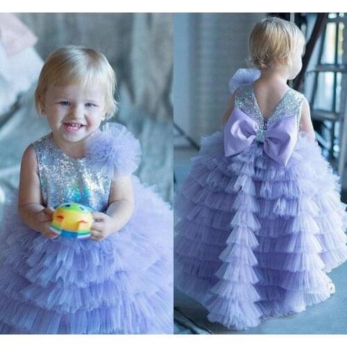 Lavender Children Girls First Communion Dresses Girls 1 Year Birthday Party Dresses Tiered Sleeveless Purple Girls Party Dress