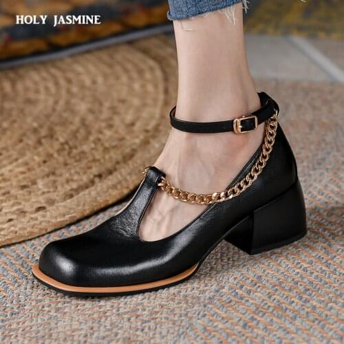 Fashion Mary Janes Genuine Leather Womens Shoes Platform Chunky High Heels Party Chain Casual Shoes Woman 2022 Spring Autumn