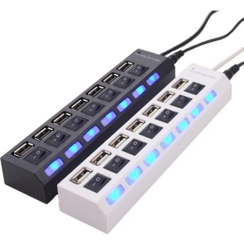 USB Hub 2.0 Splitter,7 Port USB Data Hub with Individual On/Off Switches and Lights for Laptop, PC, Computer, Black, White
