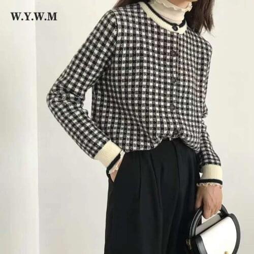 WYWM Vintage Plaid Knitted Cardigans Sweater Women Korean Chic Long Sleeve Woman Coat Harajuku Streetwear Loose Female Tops