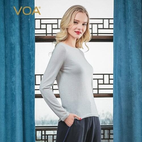VOA Pure Cashmere 18 Needle Thread Knit Round Neck Long Sleeve Simple Versatile Basic Worsted Pullover Bottoming Shirt R05