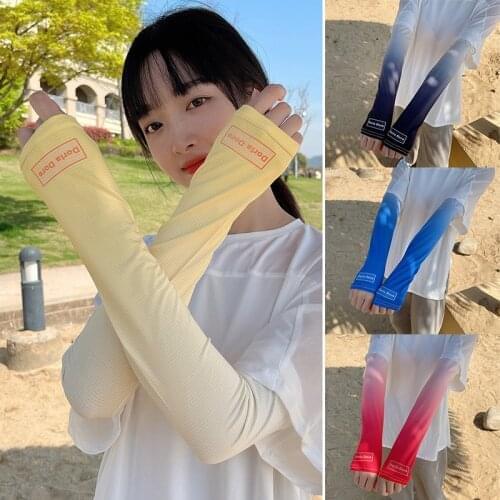 1Pair Women Summer Ice Silk Sun Protection Arm Sleeve Gradient Loose Elastic Breathable Oversleeve Outdoor Cycling Long Gloves