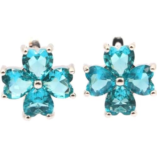 15x15mm Pertty Created Flowers Shape Pink Kunzite Blue Aquamarine For Girls Daily Wear Silver Earrings