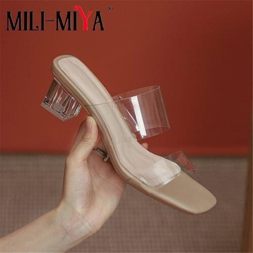 MILI-MIYA Crystal Clear Transparent Middle Heels Comfortable Sandals Slippers New Summer Women Fashion Prom Peep Toe Cool Slides