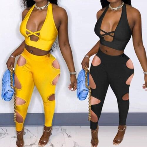 OMSJ Sexy Hollow out Solid 2 Piece Sets Womens Outfits Halter Neck Backless Crop Top + Hole Trousers Skinny Fashion Streetwear