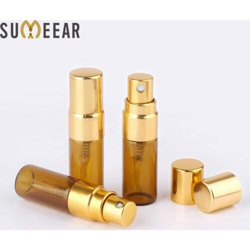 100 Pcs/Lot Trial Pack 3ML Amber SPRAY BOTTLE Refillable Perfume Bottle GOLD Spray Bottle Atomizer Cosmetic Container Case