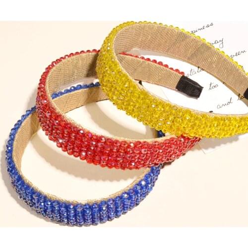 35mm Wide Handmade Bling Crystal Beads Hairband Beaded Headband Yellow Red Rhinestone Bridal Turban Hair Accessories For Women