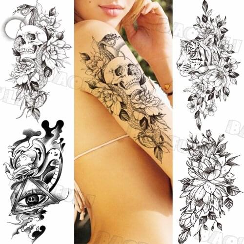 Black Snake Skull Temporary Tattoos For Women Girl Tiger Lotus Serpent Realistic Fake Tattoo Custom Armband Sexy Washable Tatoo