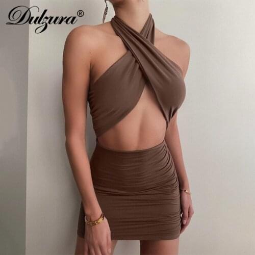 Dulzura Solid Women Halter Mini Dress Ruched Drawstring Lace Up Hollow Out Bodycon Sexy Streetwear Party Elegant 2021 Summer