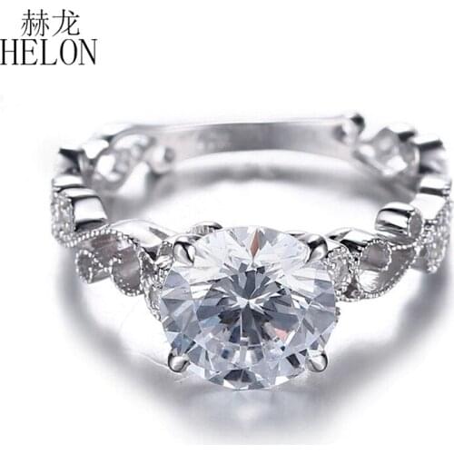 HELON VVS/DEF Moissanite Ring Solid 14k White Gold Round 7mm Lab Grown Diamond Engagement Wedding Ring Women Vintage Jewelry