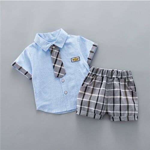 Boys Clothing Set Plaid Lapel Short Sleeve T-shirt and Shorts Two-piece Suit for Birthday Party Photography