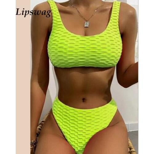 Fashion Two Piece Solid Color Halter Swimwear Women Swimsuit 2021 High Waist Sexy U-neck Beachwear Solid Push Up Bra Bikini Sets