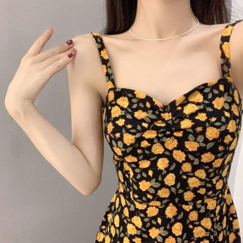 2021 summer new large French niche waist dress floral suspender skirt with high and thin skirt