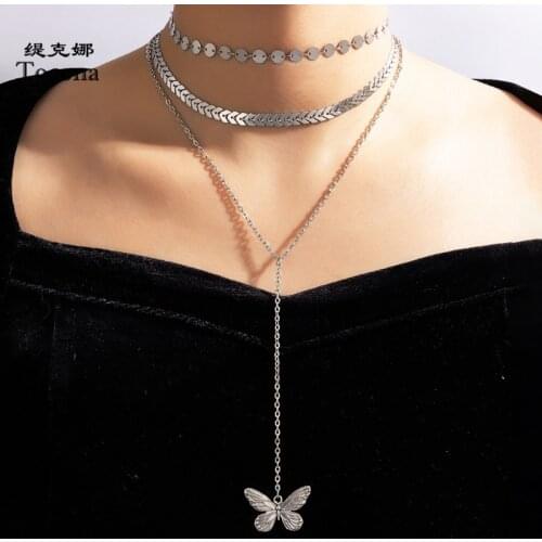 Tocona Pretty Butterfly Pendant Necklace Charms Leaf Wafer Long Clavicle Chain Silver Color Alloy Metal Jewelry for Women 17447