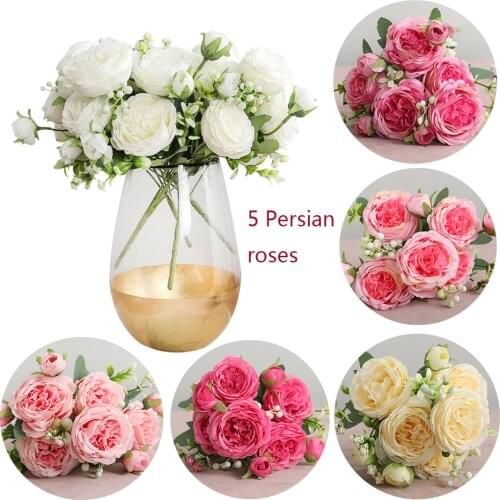30cm Rose Pink Silk Peony Artificial Flowers Bouquet 5 Big Head and 4 Bud Cheap Fake Flowers for Home Wedding Decoration indoor