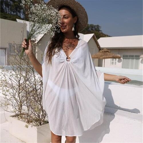 Sexy Deep V Perspective Irregular Off-Shoulder Loose Bikini Cover Up Swimwear Short Sleeve Bohemian Women Holiday Beach Cover Up