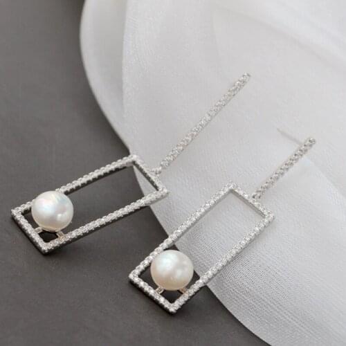 Authentic 925 Sterling Silver Earring Inlaid Natural Pearl Fashion Rectangle Earrings Lady Wedding Party Fine Jewelry Gift