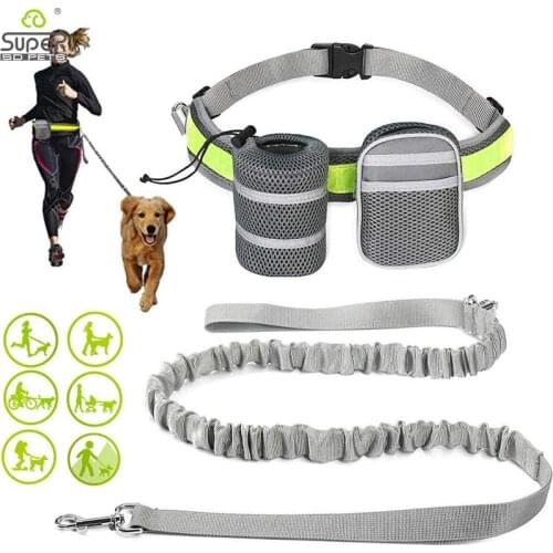 Reflective Handsfree Dog Leash with Two Storage Bags Adjustable Waist Elastic Pet Running Leash for Medium Big Dogs