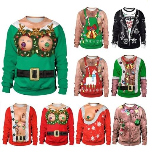 Reindeer Ugly Christmas Sweater Holiday Party Pullover Xmas Jumpers Tops Men Women Long Sleeve Crew Neck Christmas Sweatshirt